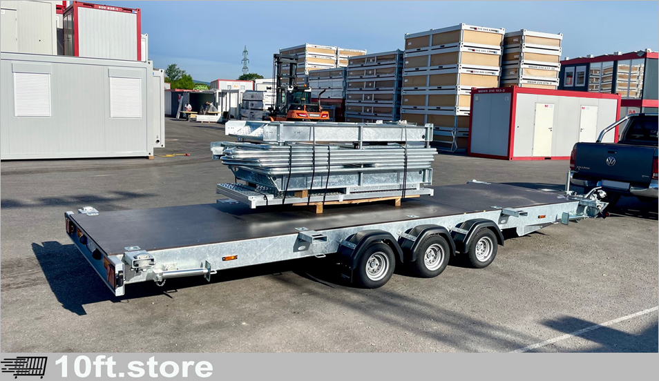 20ft Containeranhänger mit Bodenplatte – Plattformanhänger für Bürocontainer und flexible Transporte