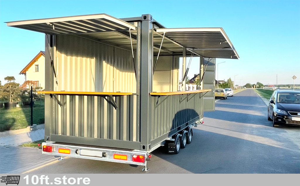 20ft Barcontainer auf Anhänger – mobiler Verkaufs- und Eventcontainer für Gastronomie und Promotion