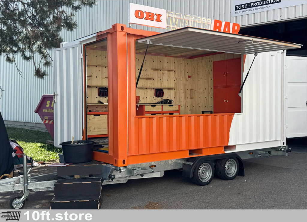Mobiler Event- und Promotionscontainer auf Anhänger für OBI in Österreich – Verkaufs- und Marketinglösung für Promotion-Aktionen